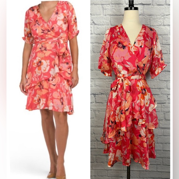 Tahari ASL Floral Wrap Mini Dress - Pink and Orange - Picture 2 of 6